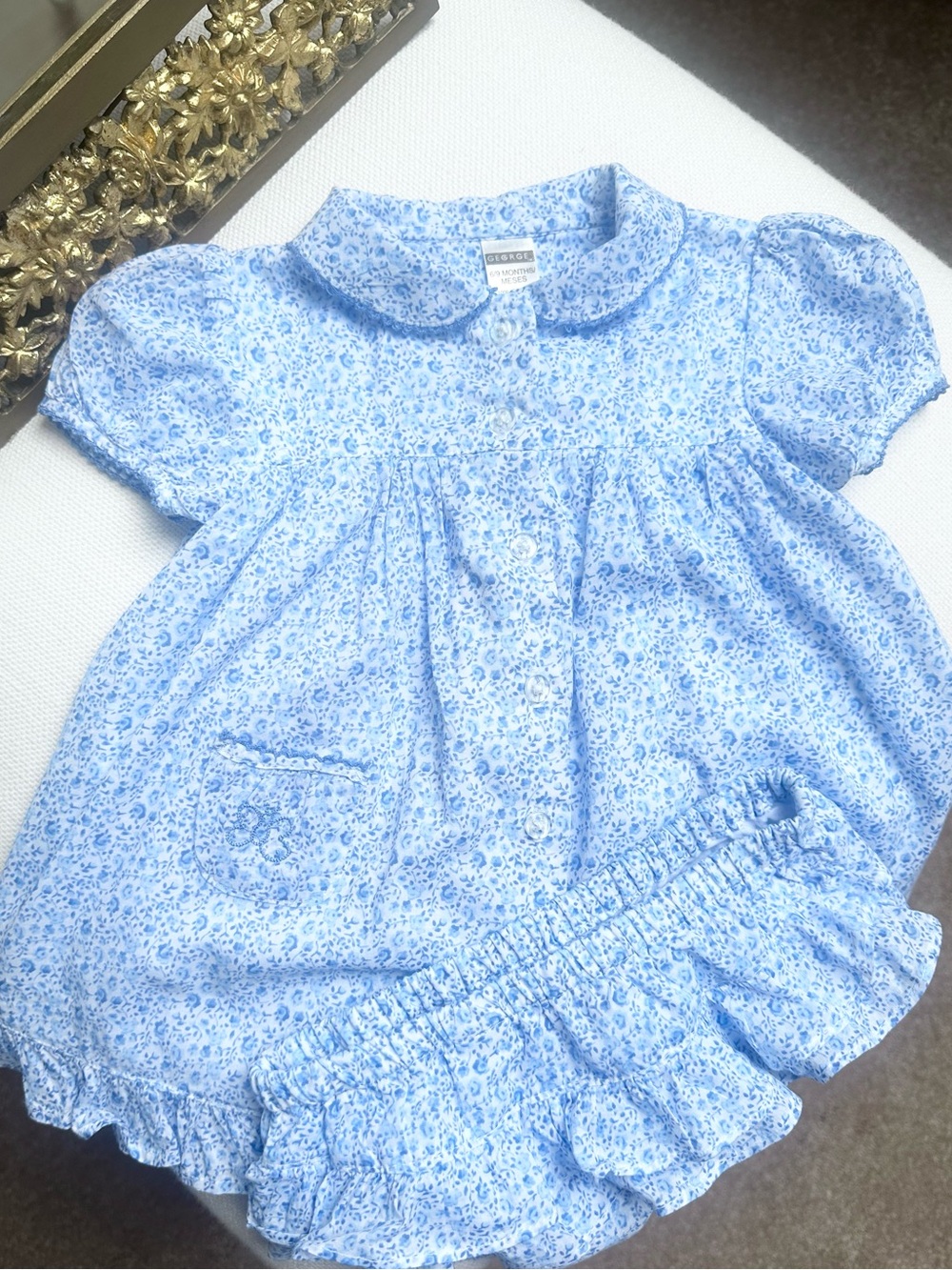 George Vintage Cottagecore Whimsy Blue Ditsy Floral Dress Set Size 6-9 Months